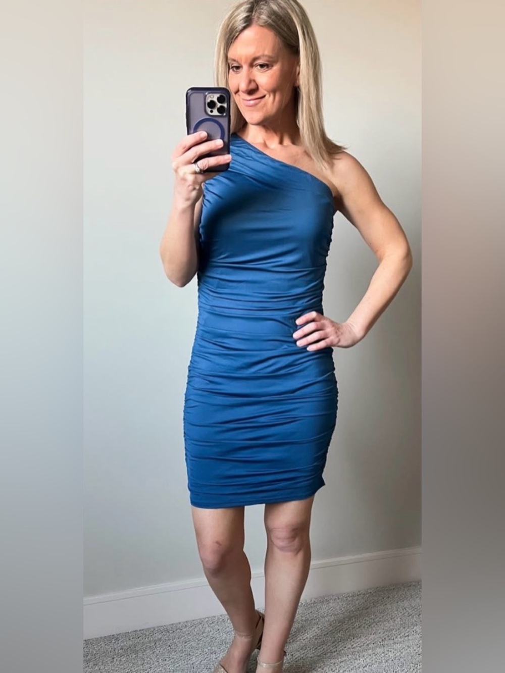 One-Shoulder Ruched Bodycon Dress in Deep Blue